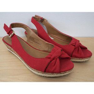 BASS Christy Red Cork Wedge Ankle Back Open Toe Sandal Heels Size 5.5